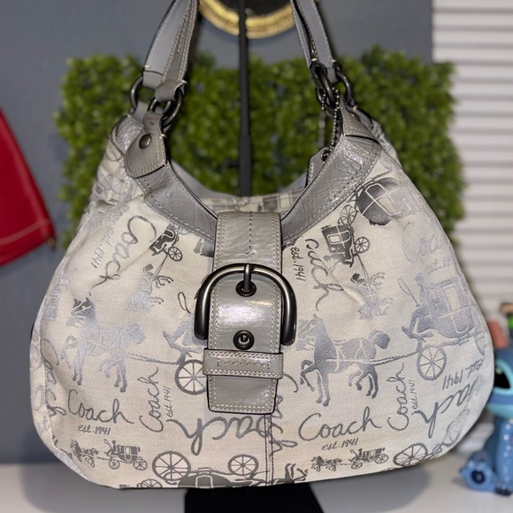 Coach Cream and Gray Signature Hobo Bag - Picture 1 of 7